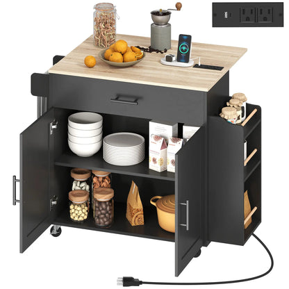 Kitchen Island with Storage, Rolling Cart, Foldable Drop Leaf, Power Outlet, USB Ports, Black Kitchen Islands & Kitchen Carts at Gallery Canada