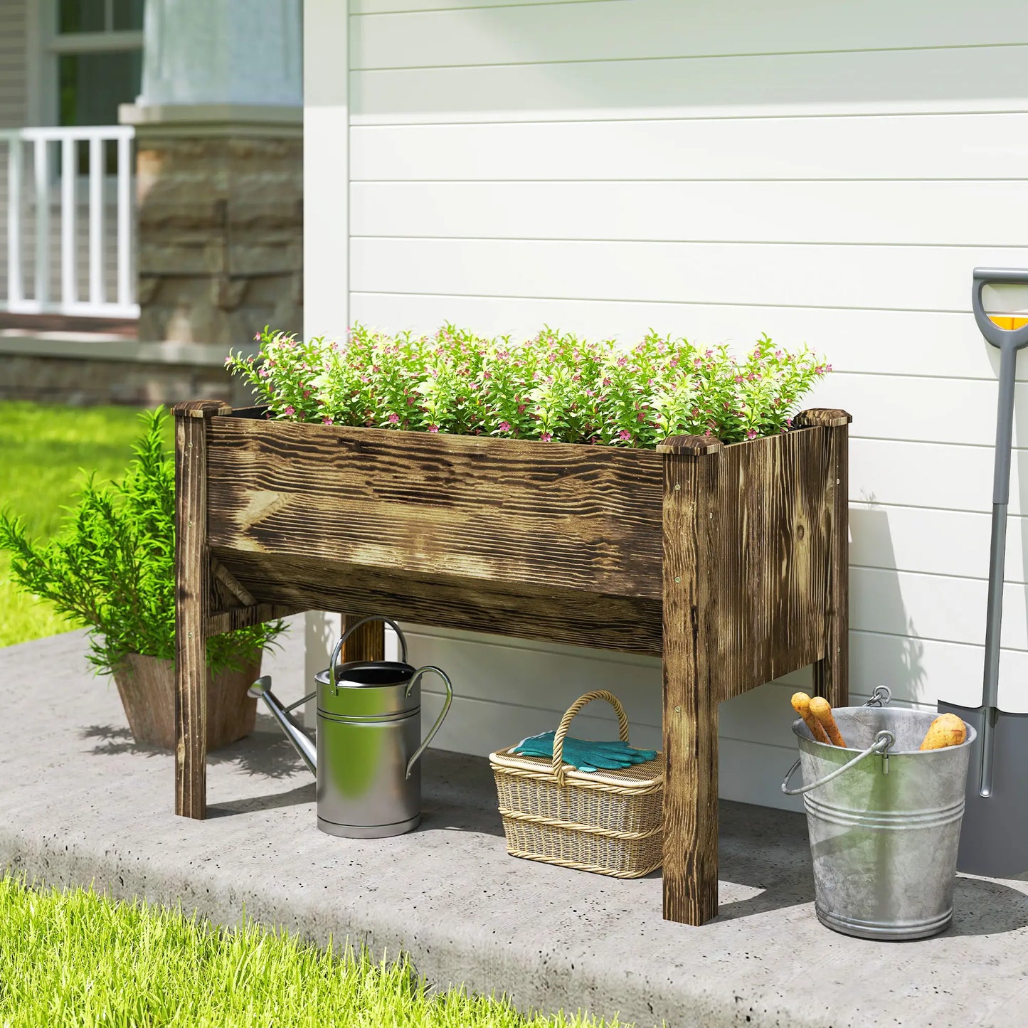 Wooden Raised Garden Plant Stand, 48" x 24" x 32", Carbonized Elevated Garden Beds at Gallery Canada