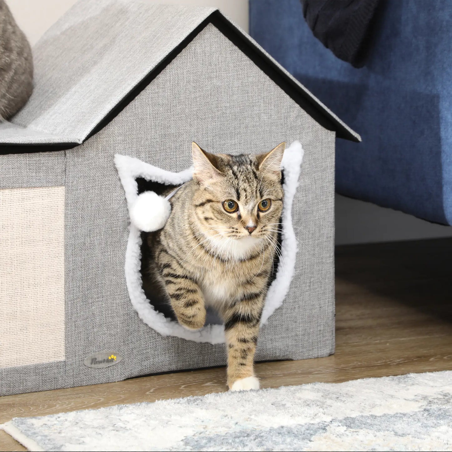 Large Cat Bed, Indoor Cat House with Soft Cushion, Scratching Pad, Grey Cat Houses at Gallery Canada