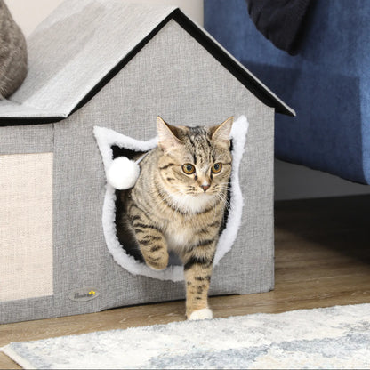 Large Cat Bed, Indoor Cat House with Soft Cushion, Scratching Pad, Grey Cat Houses at Gallery Canada