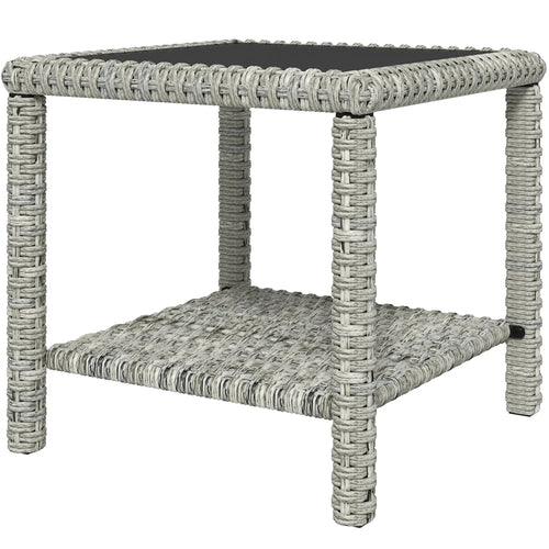 19 Outdoor Wicker Coffee Table, Glass Top, Storage Shelf, Dark Grey