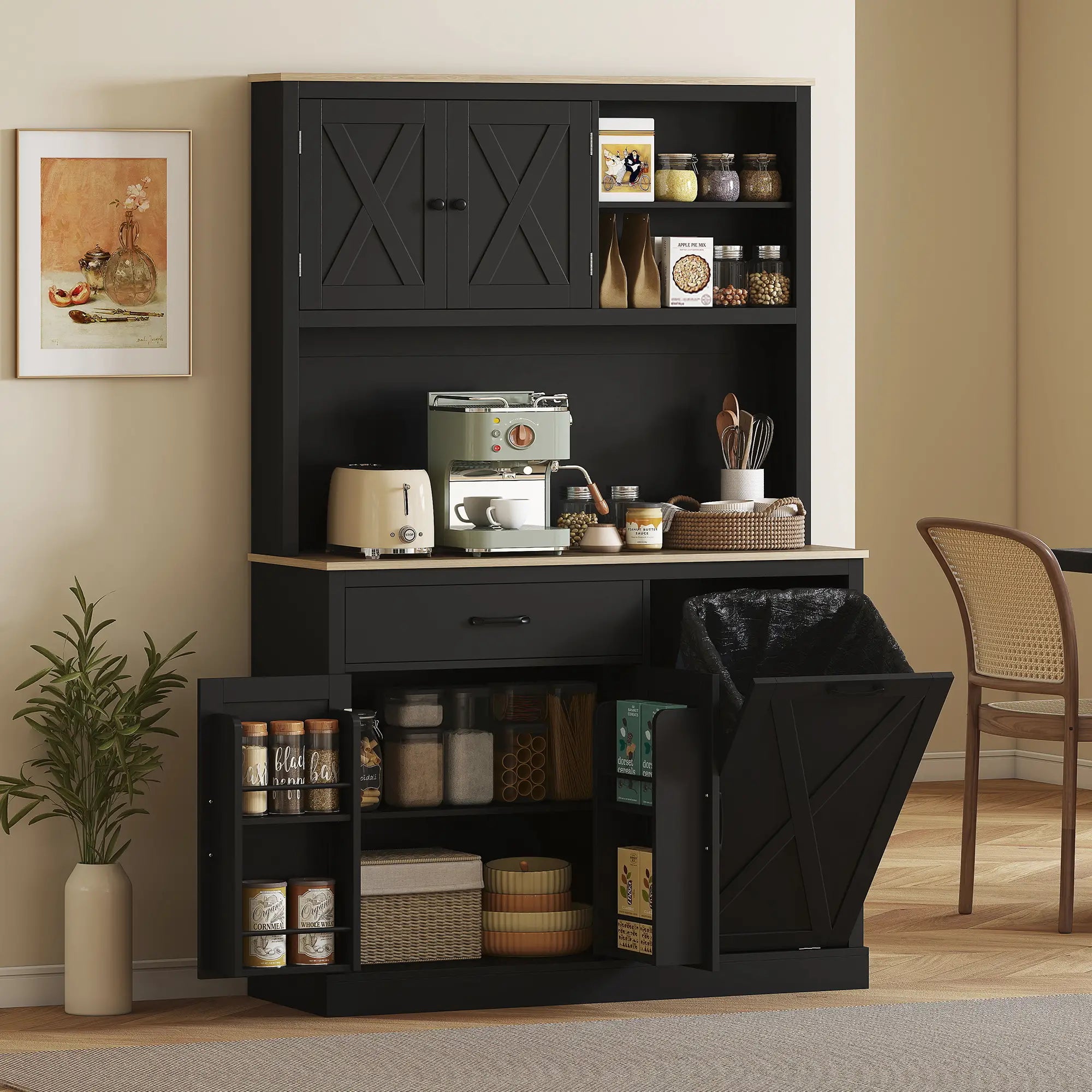 69 Inch Pantry Cabinet with Charging Station, Microwave Stand, Tilt-Out Trash Can, Black Kitchen Pantry Cabinets at Gallery Canada