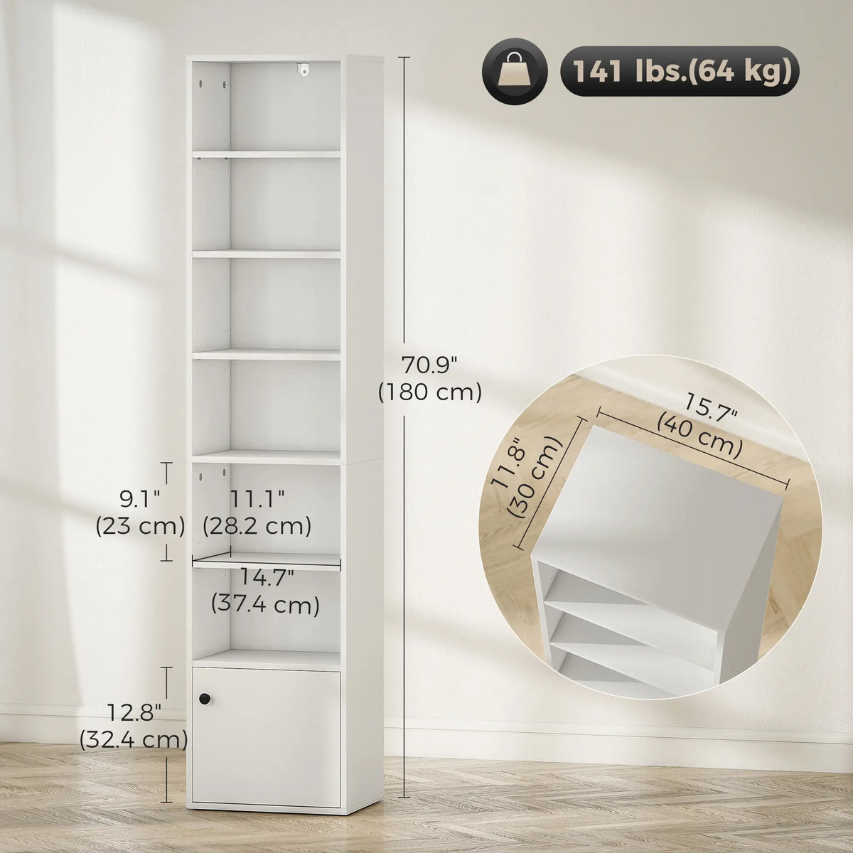 7-Tier Bookcase, Display Shelf with Cabinet, White