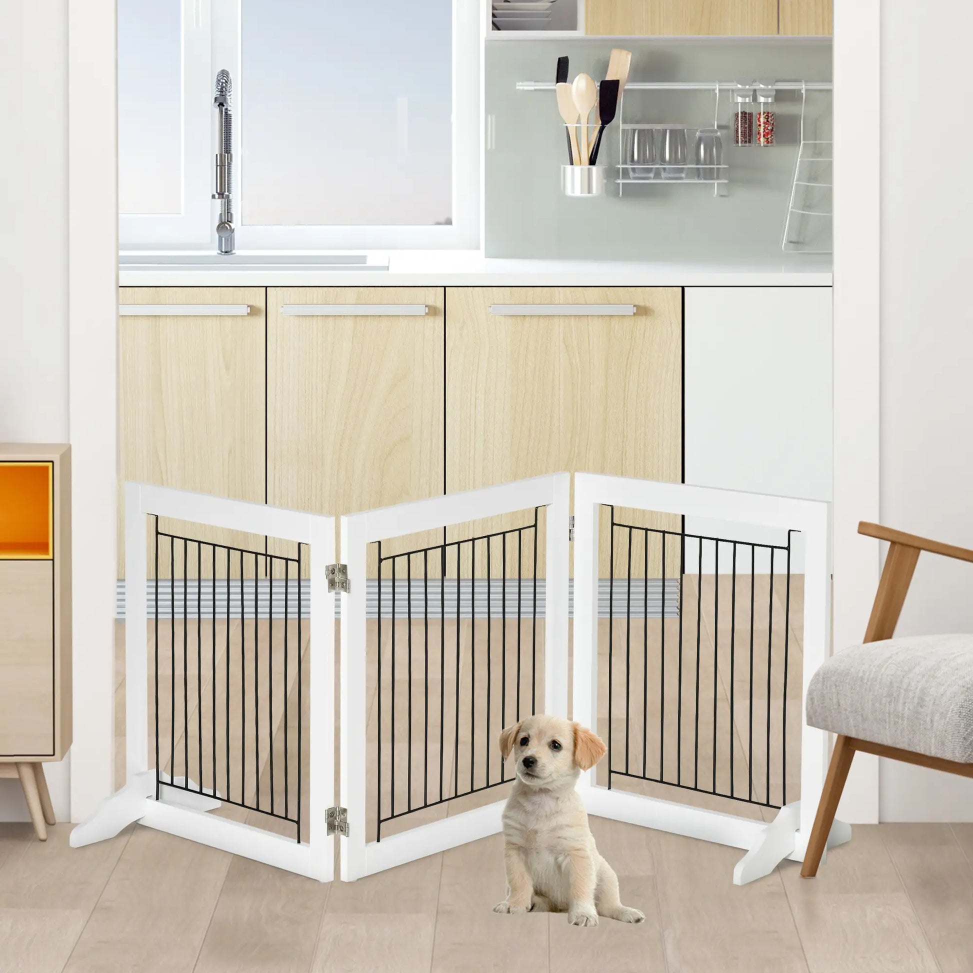 Freestanding Pet Gate, 24" High, 3 Panels, White Houses, Kennels & Pens at Gallery Canada