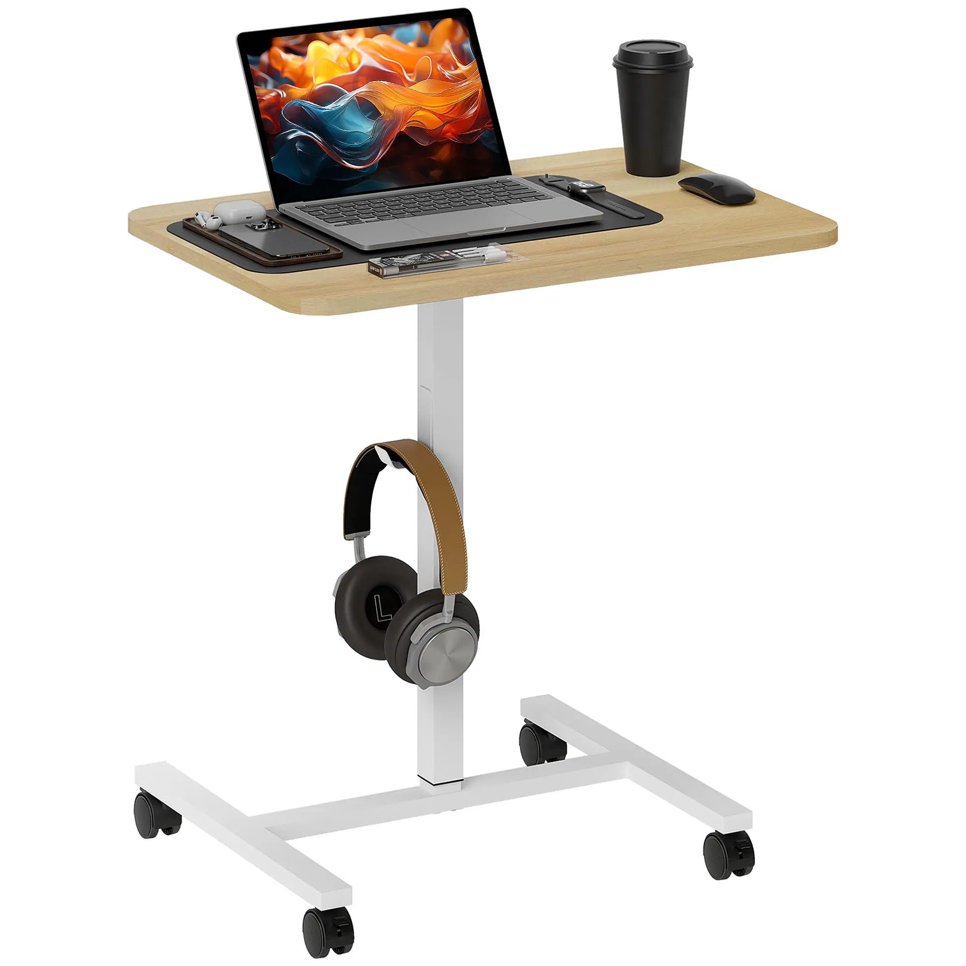 Adjustable Standing Desk, Pneumatic Sit Stand, Wheels, Headphone Hook, Natural Office Desks & Work Stations Natural Wood, White at Gallery Canada