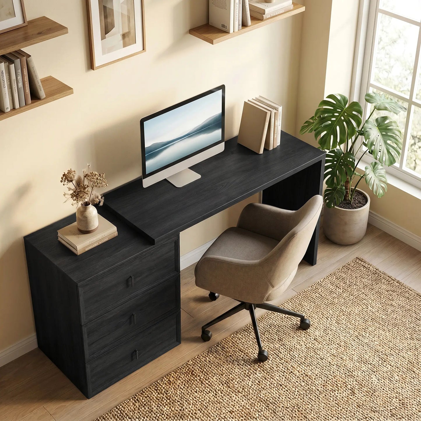 L-Shaped Computer Desk, 3 Drawers, Black Wood Grain, Black Computer Desks at Gallery Canada