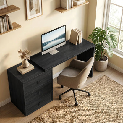 L-Shaped Computer Desk, 3 Drawers, Black Wood Grain, Black Computer Desks at Gallery Canada