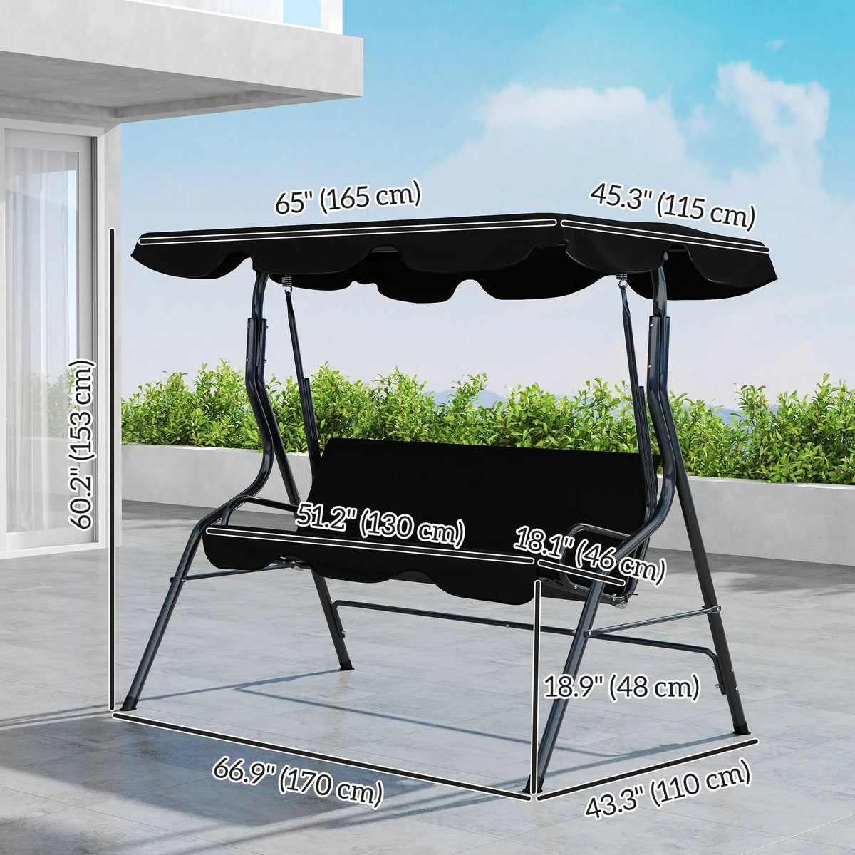 Outdoor Porch Swing, Adjustable Canopy, 3-Seater Patio Chair With Cushion, Black Porch Swings with Canopy at Gallery Canada