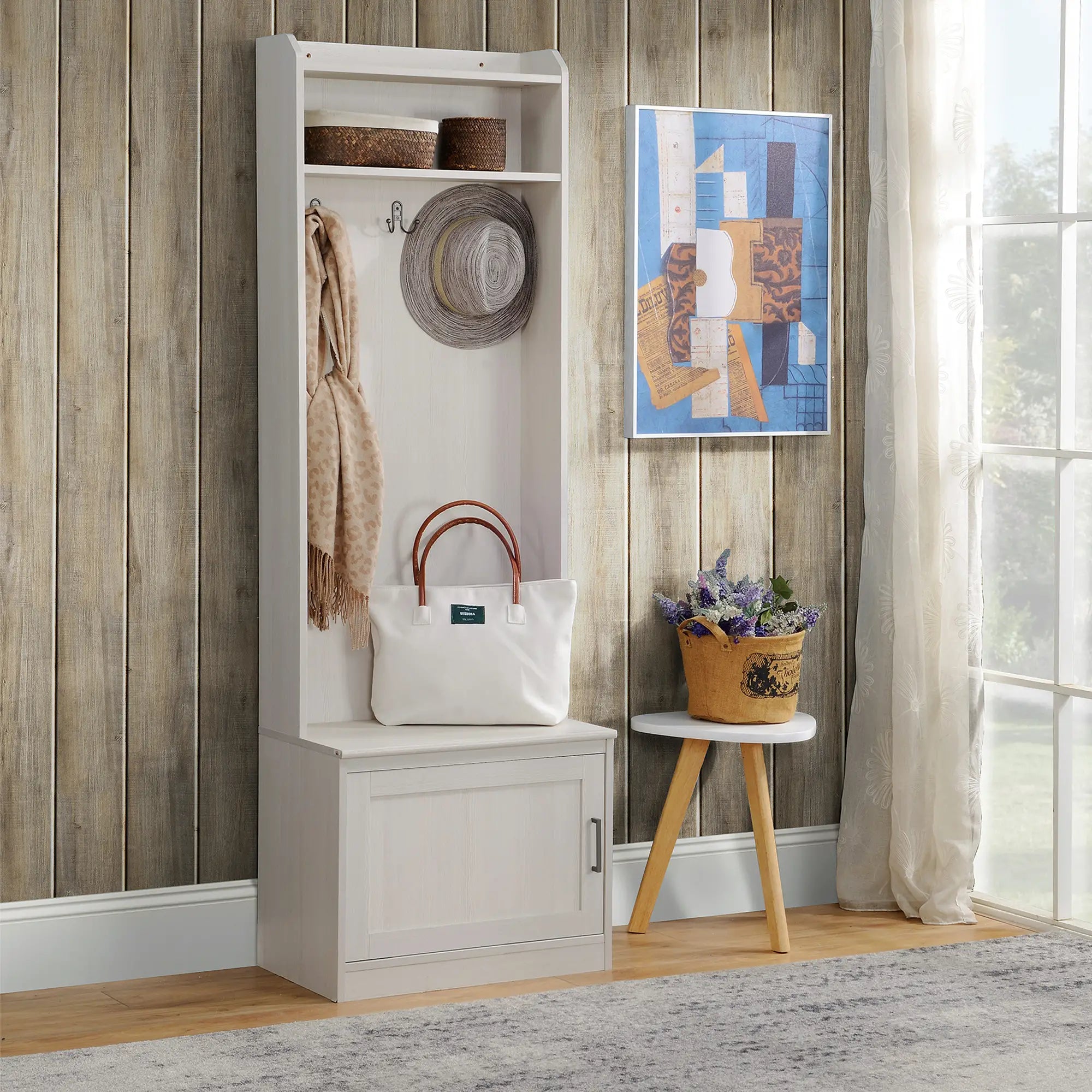 Rustic Hall Tree, Shoe Storage Bench, Coat Rack, Shelves, White Clothing Storage at Gallery Canada