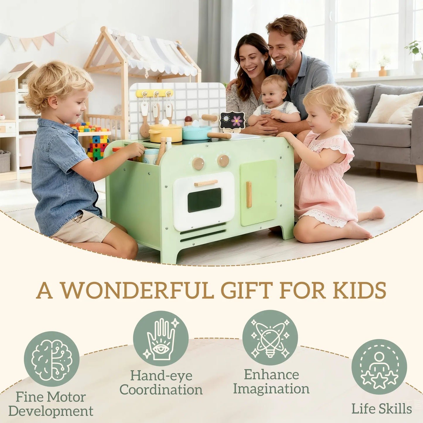 Kids Kitchen Playset, 15 Accessories, Microwave, Cabinets, Ages 3+, Green Play Kitchen at Gallery Canada