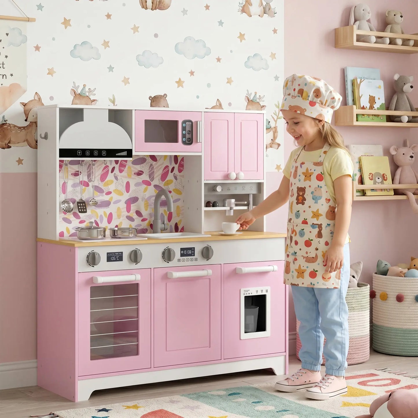 Cuisine de jeu pour enfants avec machine à café, machine à glaçons, rangement, bleue