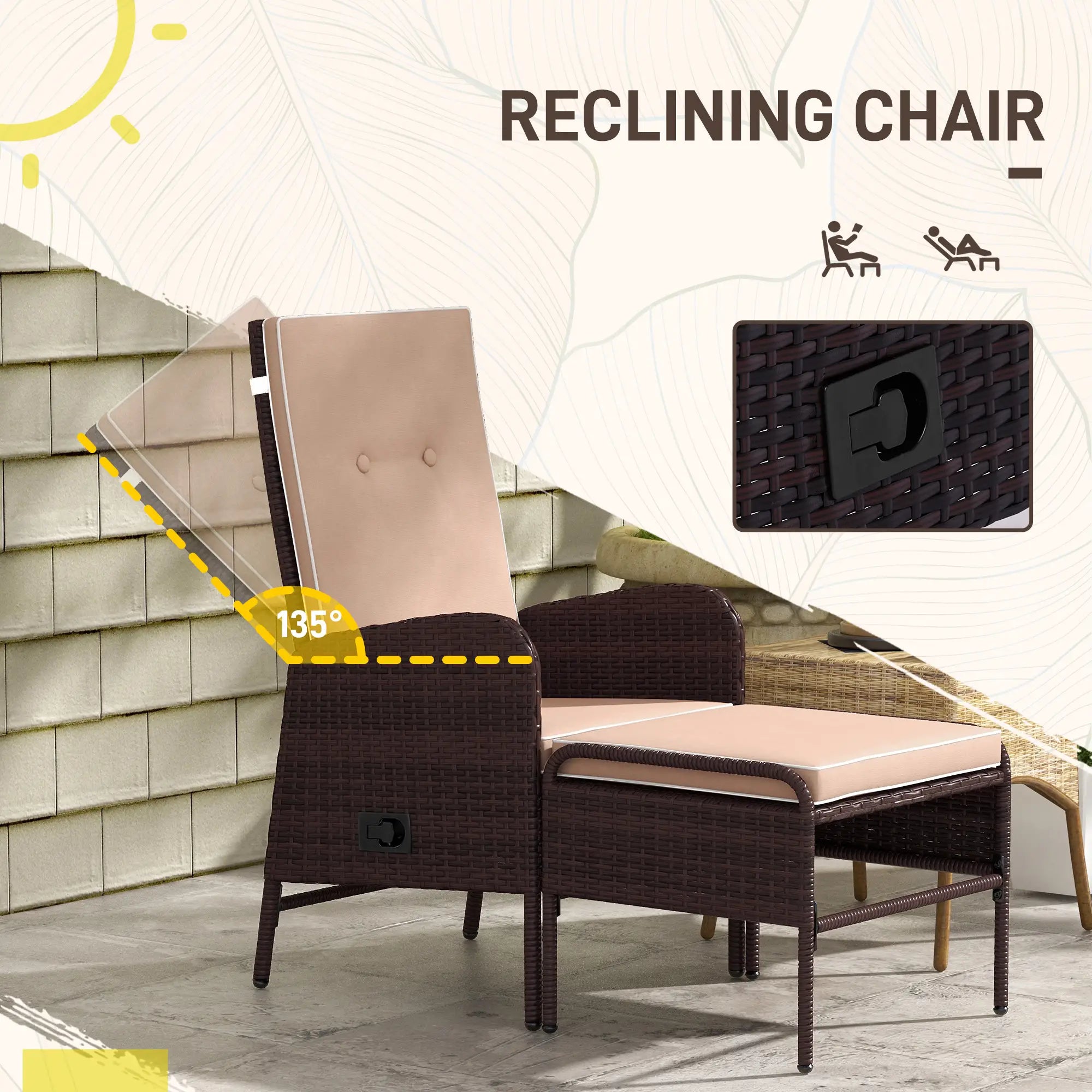 2 Pc Patio Reclining Chair Set with Stool, Cushions, Outdoor, Brown Patio Furniture Sets at Gallery Canada