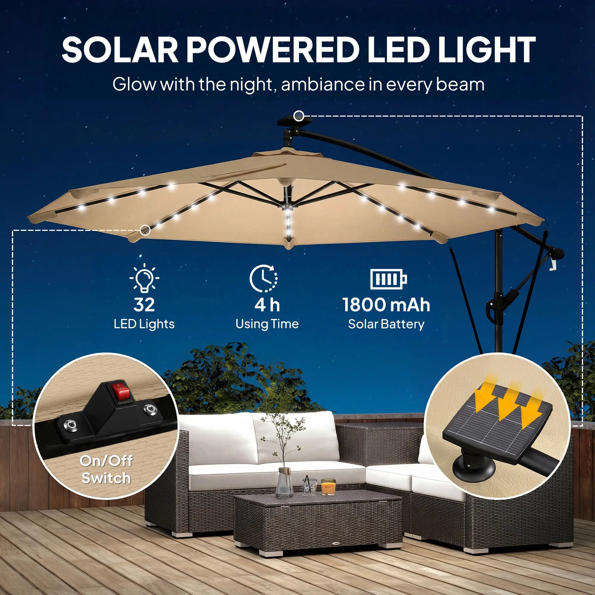 9.7ft Solar LED Cantilever Patio Umbrella, 32 Lights, Cross Base, Crank Handle, Khaki Offset Cantilever Umbrellas at Gallery Canada