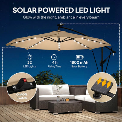 9.7ft Solar LED Cantilever Patio Umbrella, 32 Lights, Cross Base, Crank Handle, Khaki Offset Cantilever Umbrellas at Gallery Canada