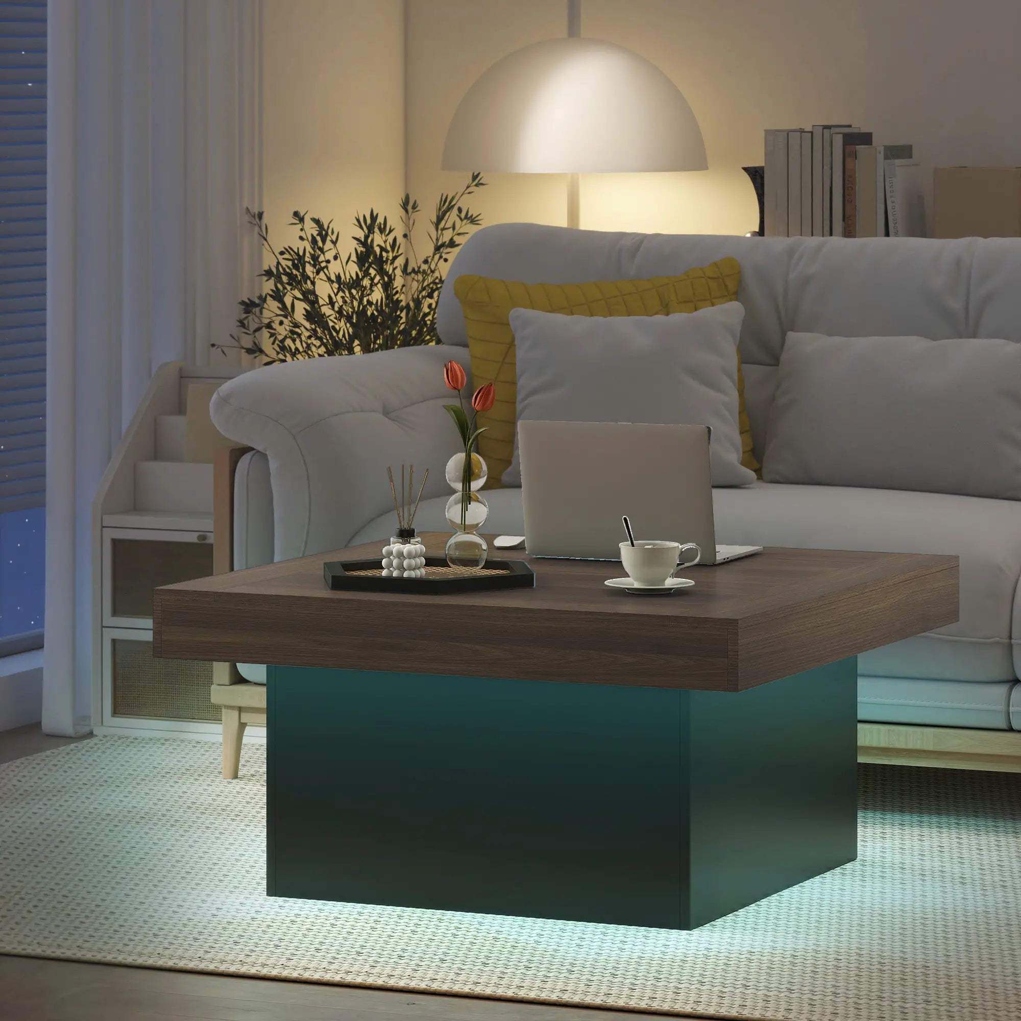 Square Coffee Table with LED Lights, 35-inch, Walnut Coffee Tables at Gallery Canada