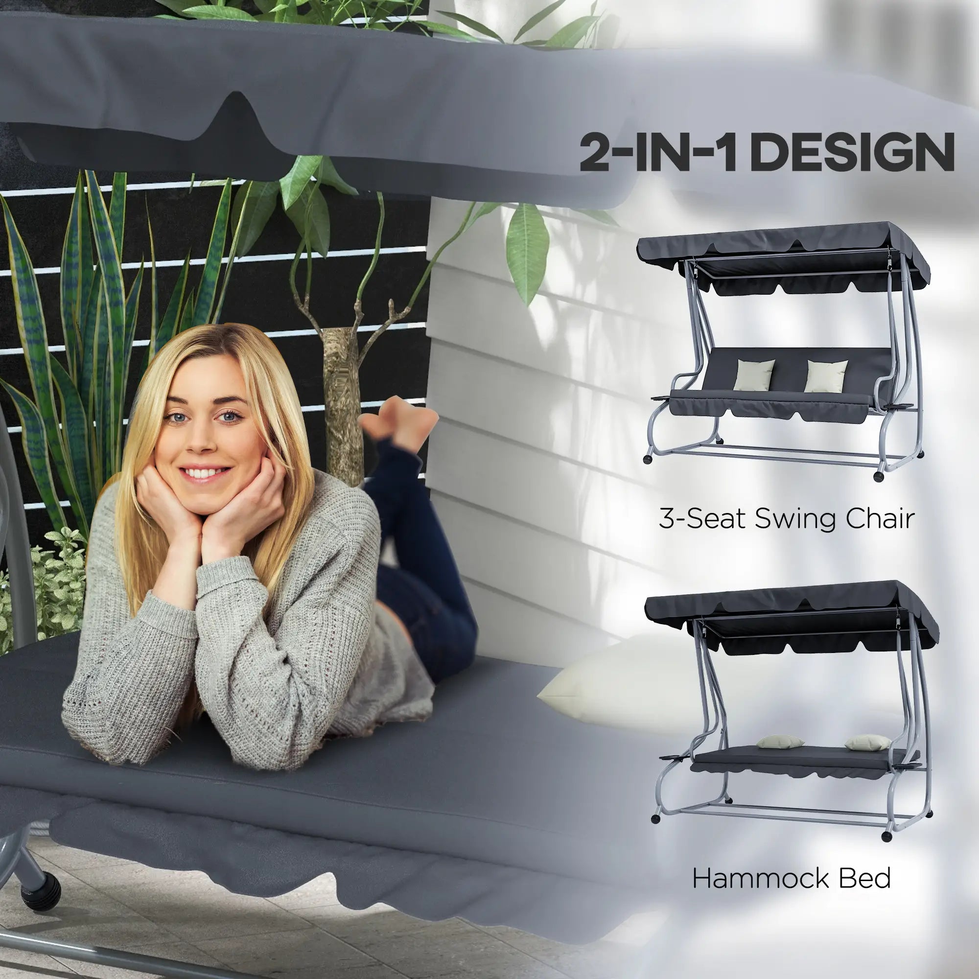 3-Seat Outdoor Swing Canopy Chair, Adjustable Shade, Cushions, Cup Holder, Dark Grey Patio Swings with Stand at Gallery Canada