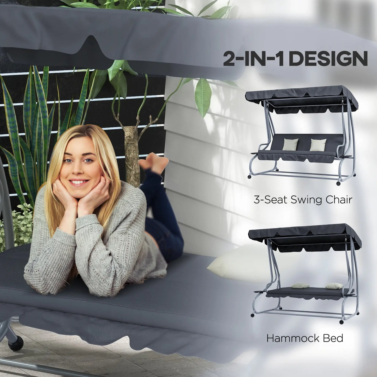 3-Seat Outdoor Swing Canopy Chair, Adjustable Shade, Cushions, Cup Holder, Dark Grey Patio Swings with Stand at Gallery Canada