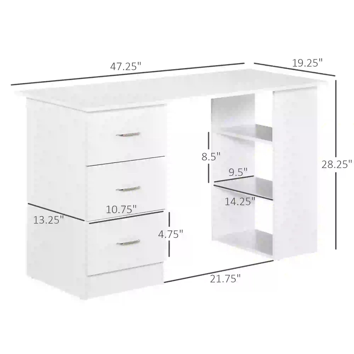 47 Inches Office Desk, 3-Tier Storage Shelves, Drawers, White Writing Desks at Gallery Canada