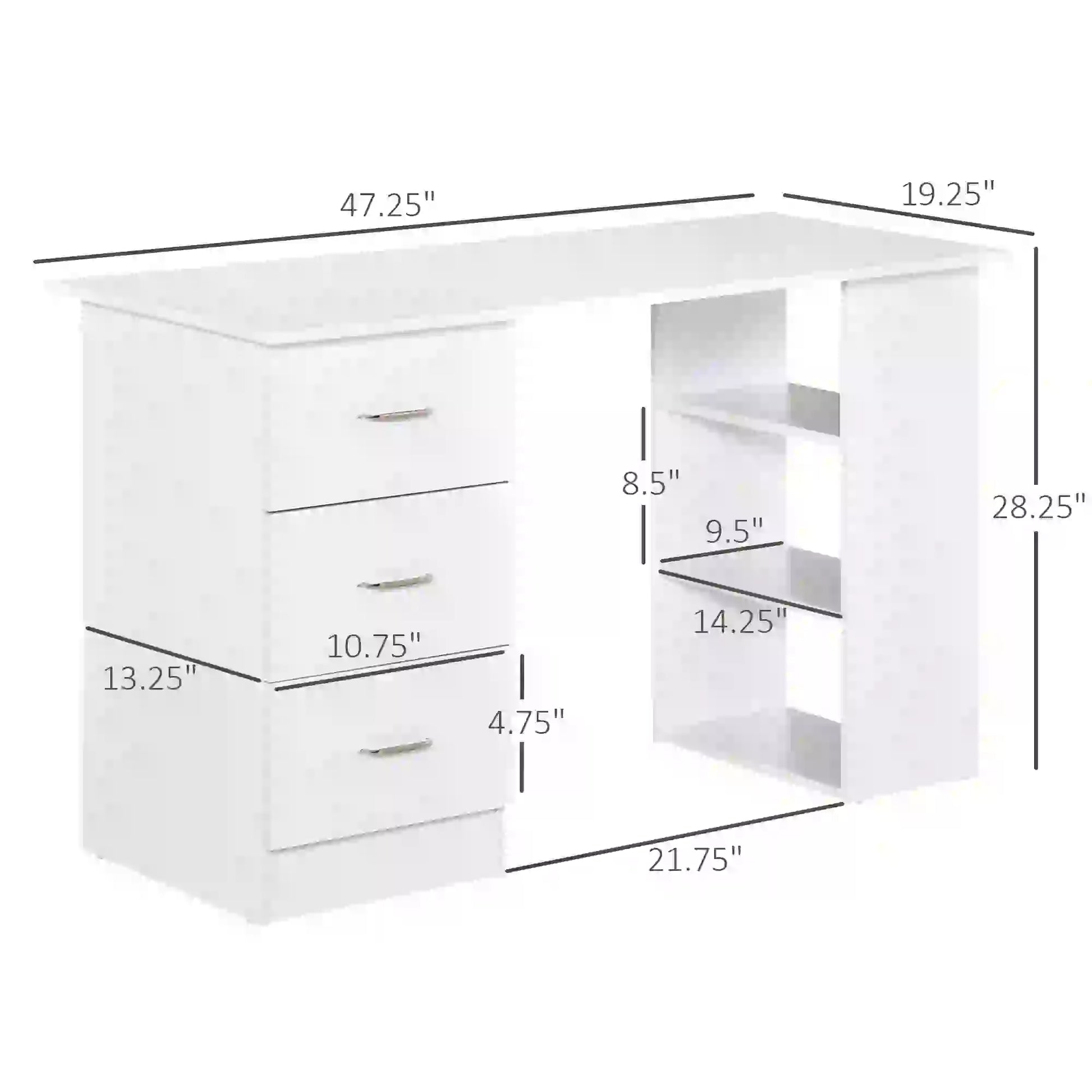 47 Inches Office Desk, 3-Tier Storage Shelves, Drawers, White Writing Desks at Gallery Canada
