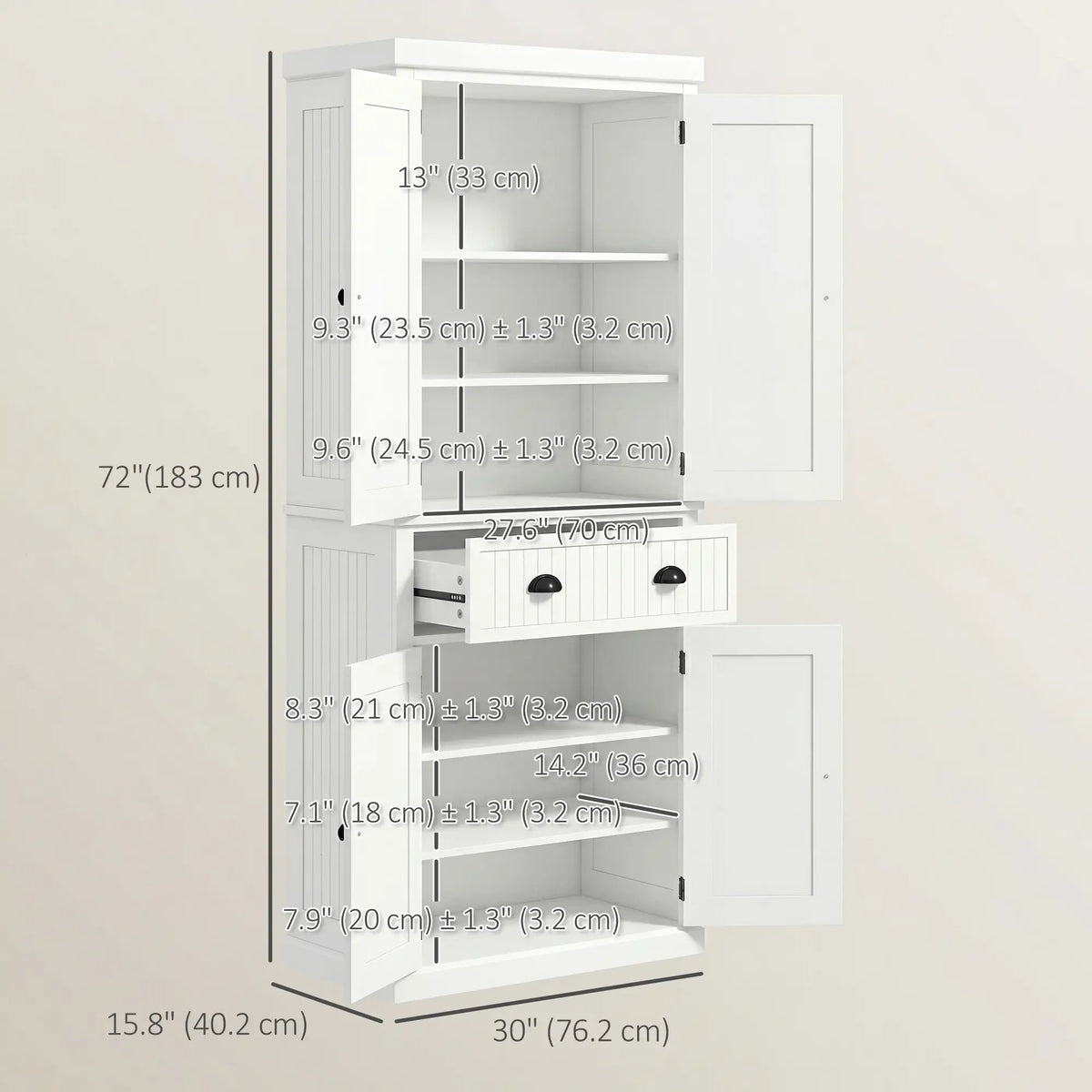 72" Kitchen Pantry, Storage Cabinet with Drawer, Doors, Cream White