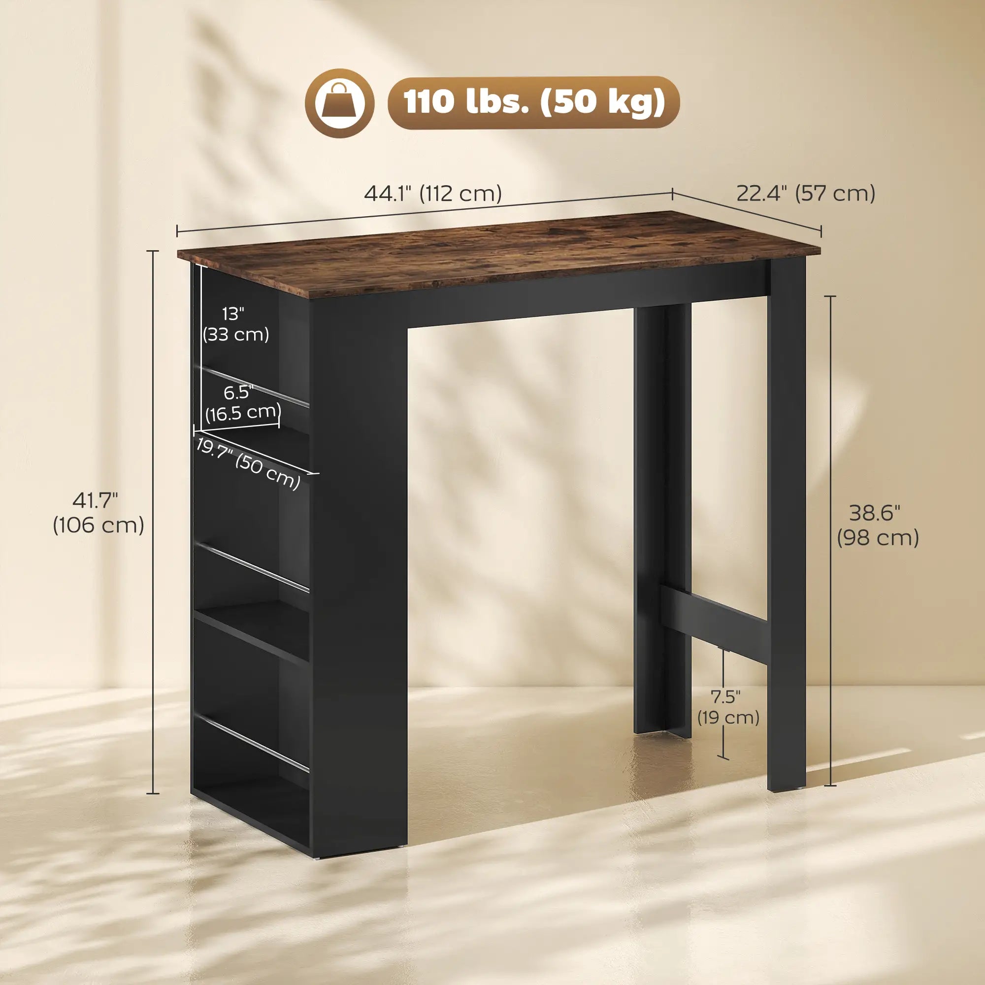 Modern Bar Table, Counter Height, 3 Storage Shelves, Rustic Brown, Brown Bar Tables at Gallery Canada