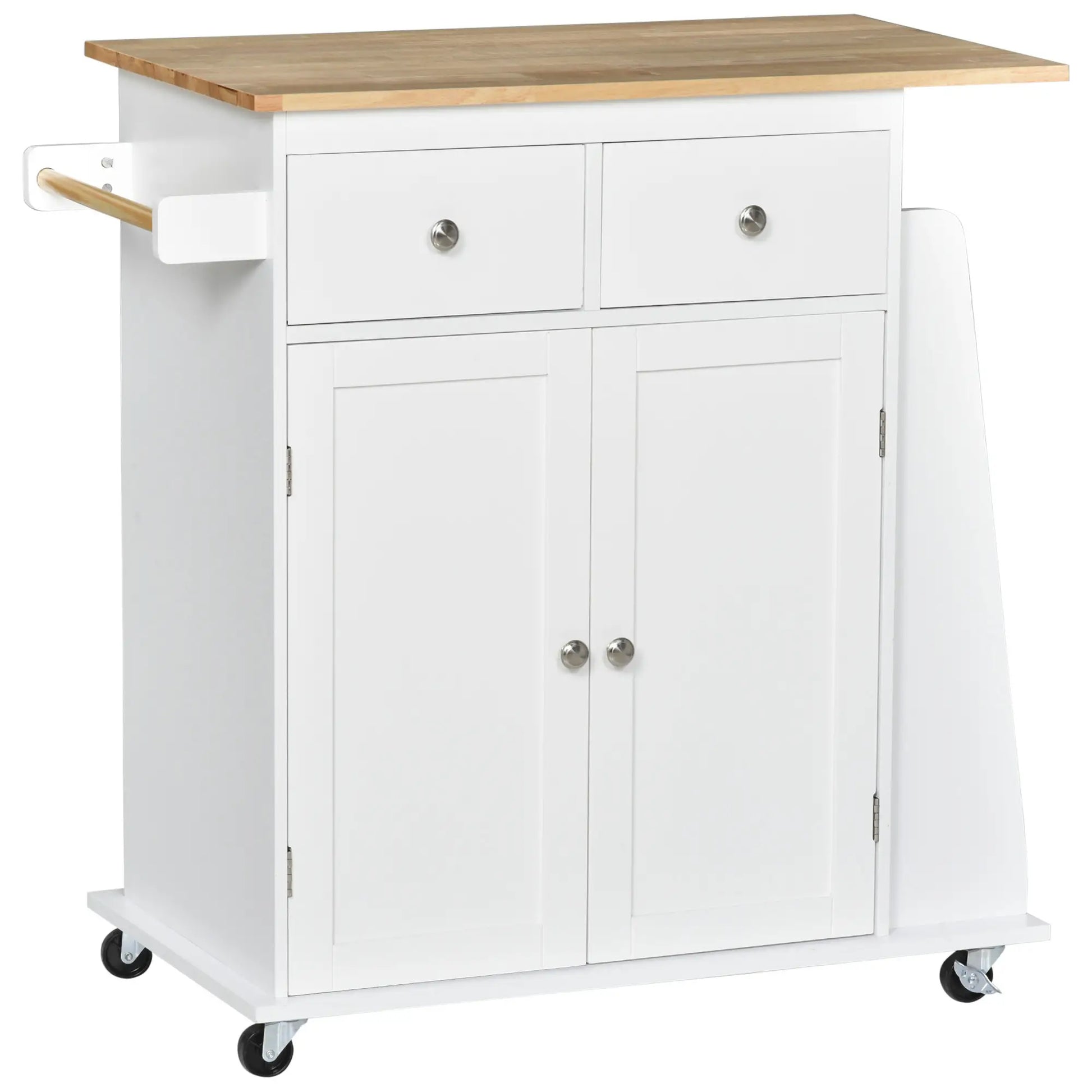 Rolling Kitchen Island Cart, Rubber Wood Top, 3-Tier Spice Rack, White Kitchen Islands & Kitchen Carts White, Nature at Gallery Canada