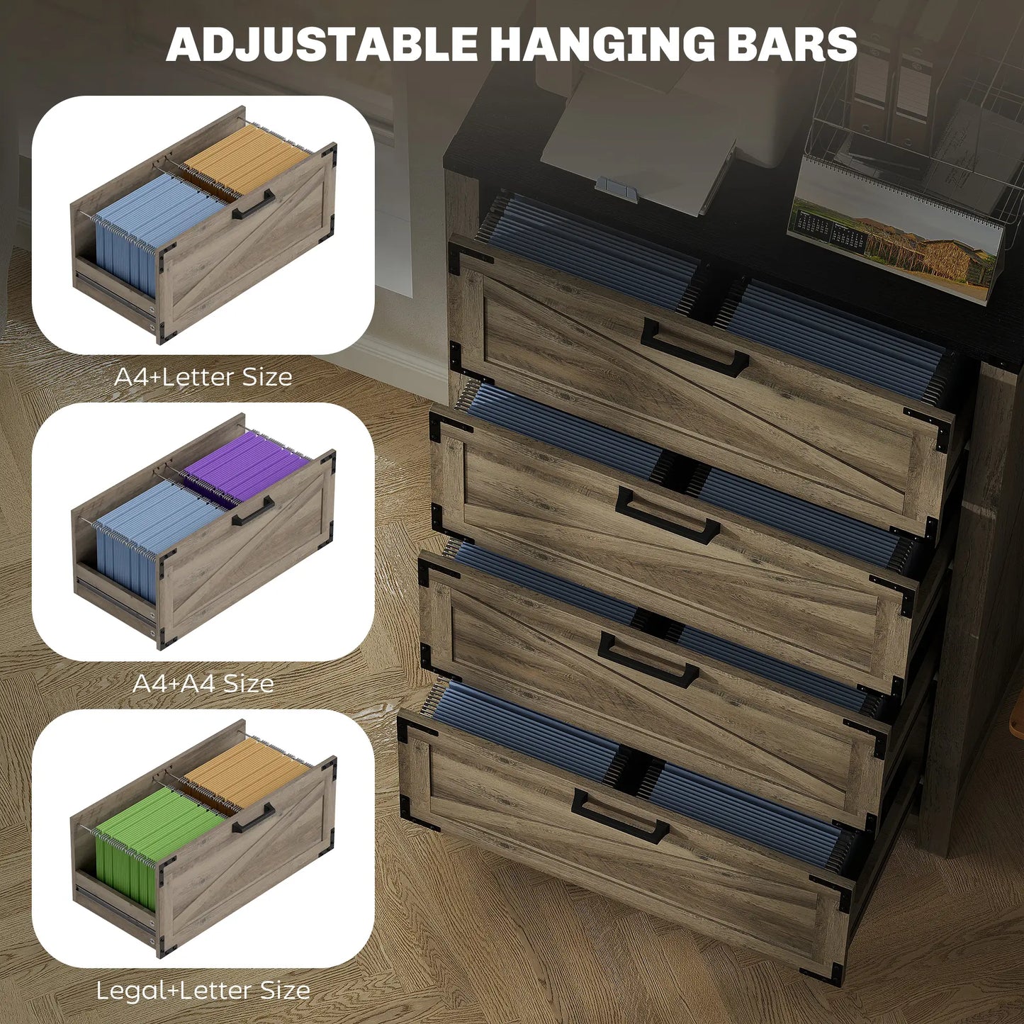 4 Drawer Filing Cabinet, Farmhouse Office Storage, Adjustable Hanging Bars, Letter, A4, Legal Size, Grey Office Cabinets & Cupboards at Gallery Canada