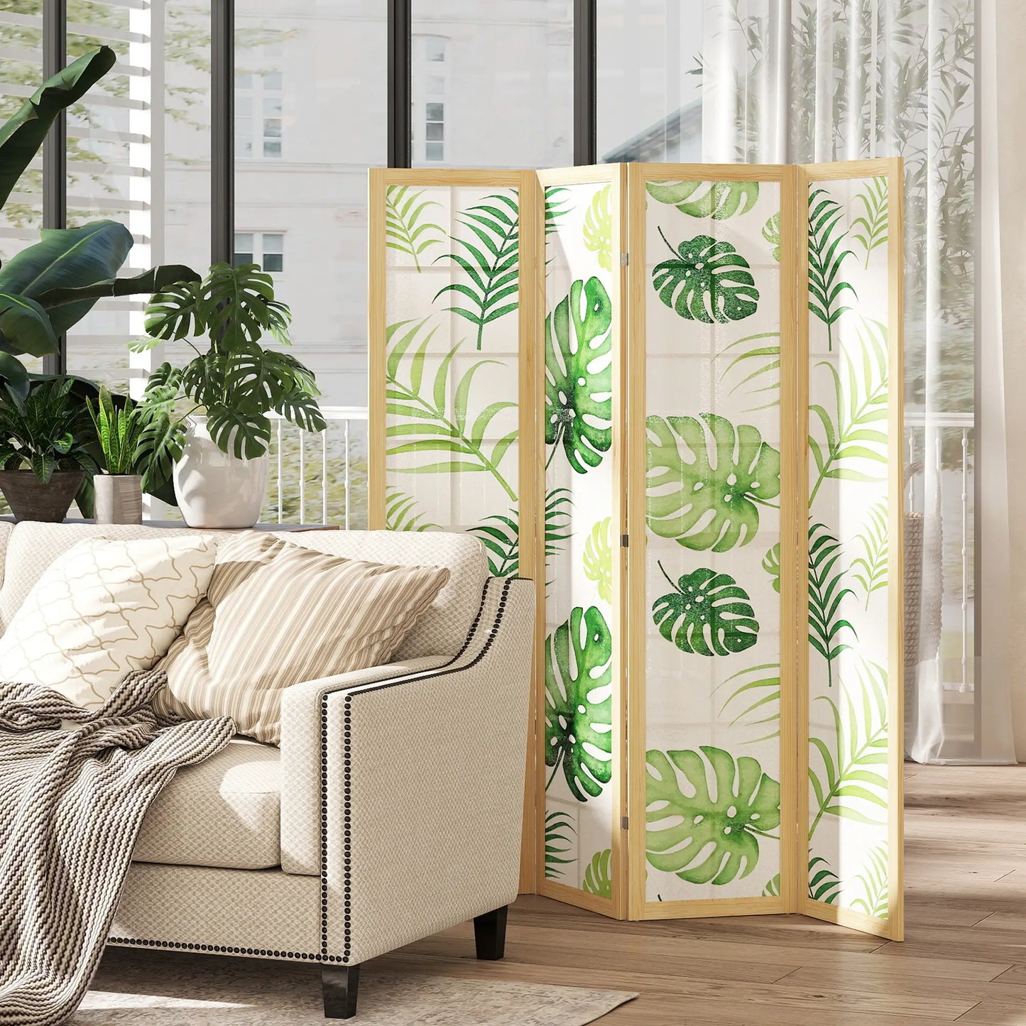 4 Panel Folding Privacy Screen, 67" Palm Leaf Design, Natural Green, Green