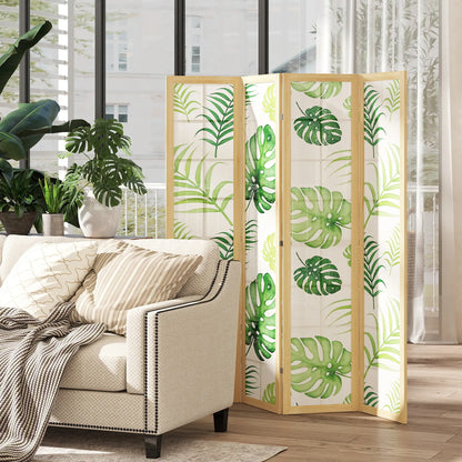 4 Panel Folding Privacy Screen, 67" Palm Leaf Design, Natural Green, Green