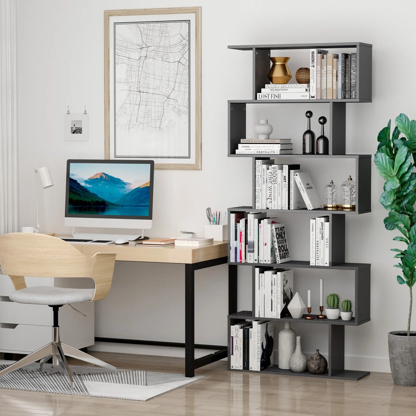 Wooden S Shape Bookcase, 6 Shelves, Storage Display, Home Office Display Bookshelves at Gallery Canada