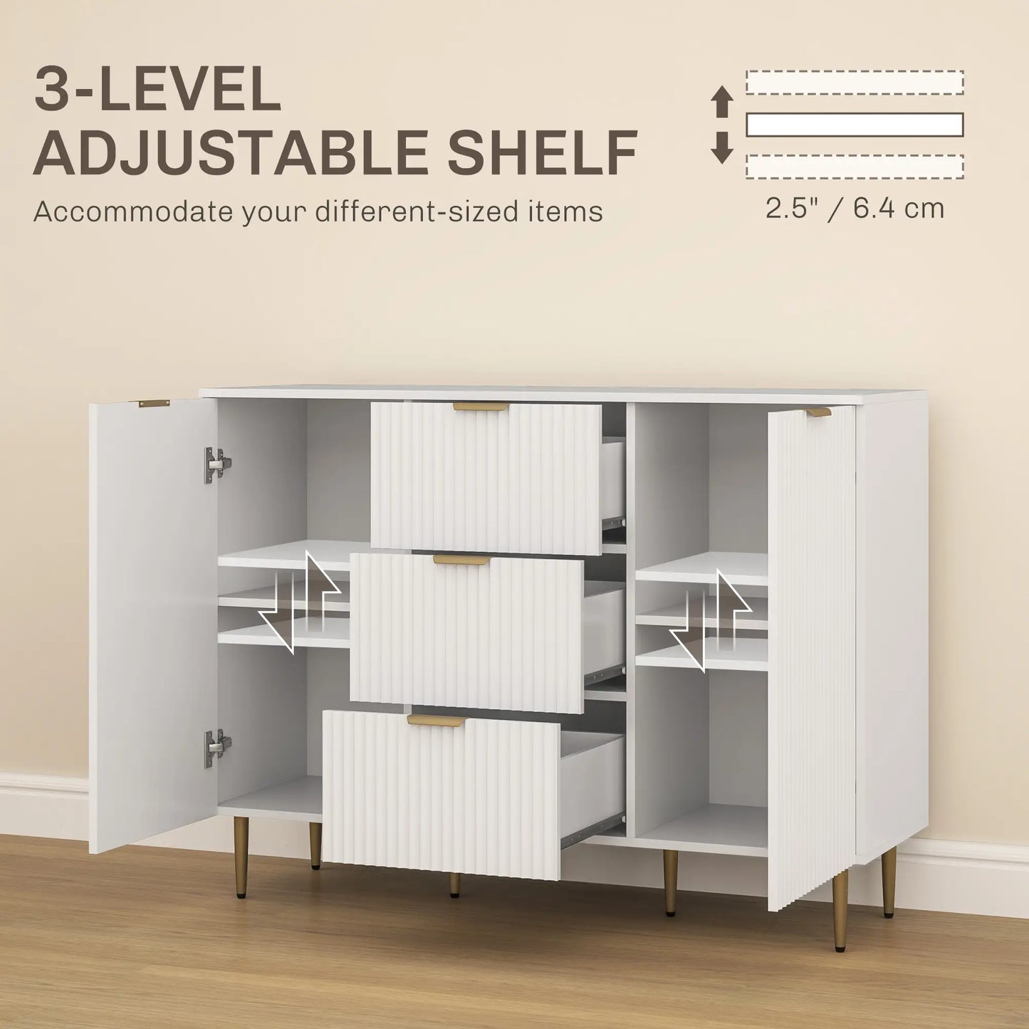 Modern Kitchen Storage Cabinet, 3 Drawers, Adjustable Shelves, White Bar Cabinets at Gallery Canada