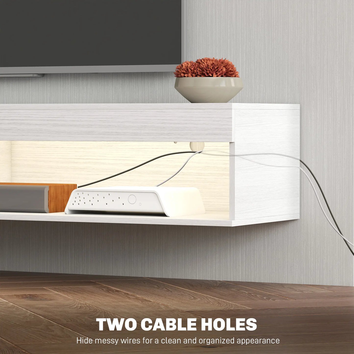 Wall Mounted TV Stand With Storage, LED Lights, For TVs Up To 75", White TV Stands at Gallery Canada
