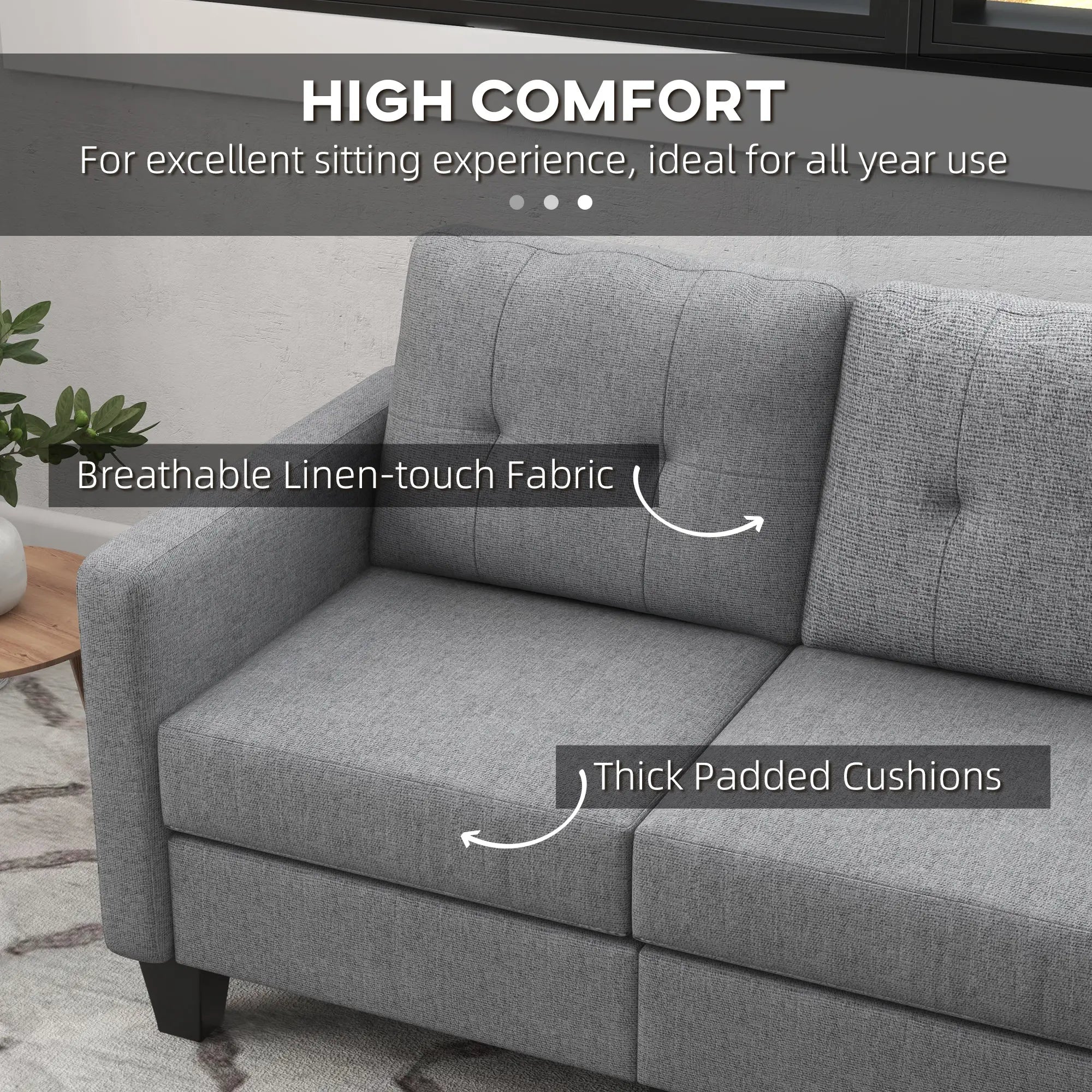 L-Shaped Sofa, 3 Seater with Ottoman, Thick Padded Cushion, Light Grey 3-Seater Sofas at Gallery Canada