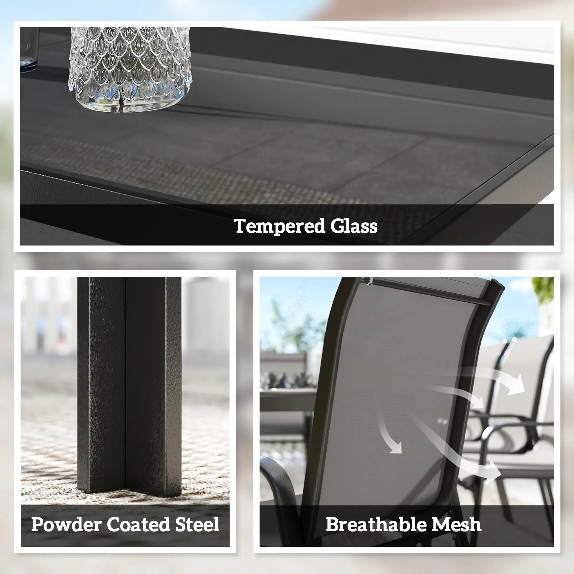 9-Piece Patio Dining Set, Glass Top Table, Stackable Chairs, Dark Grey Outdoor Dining Sets at Gallery Canada