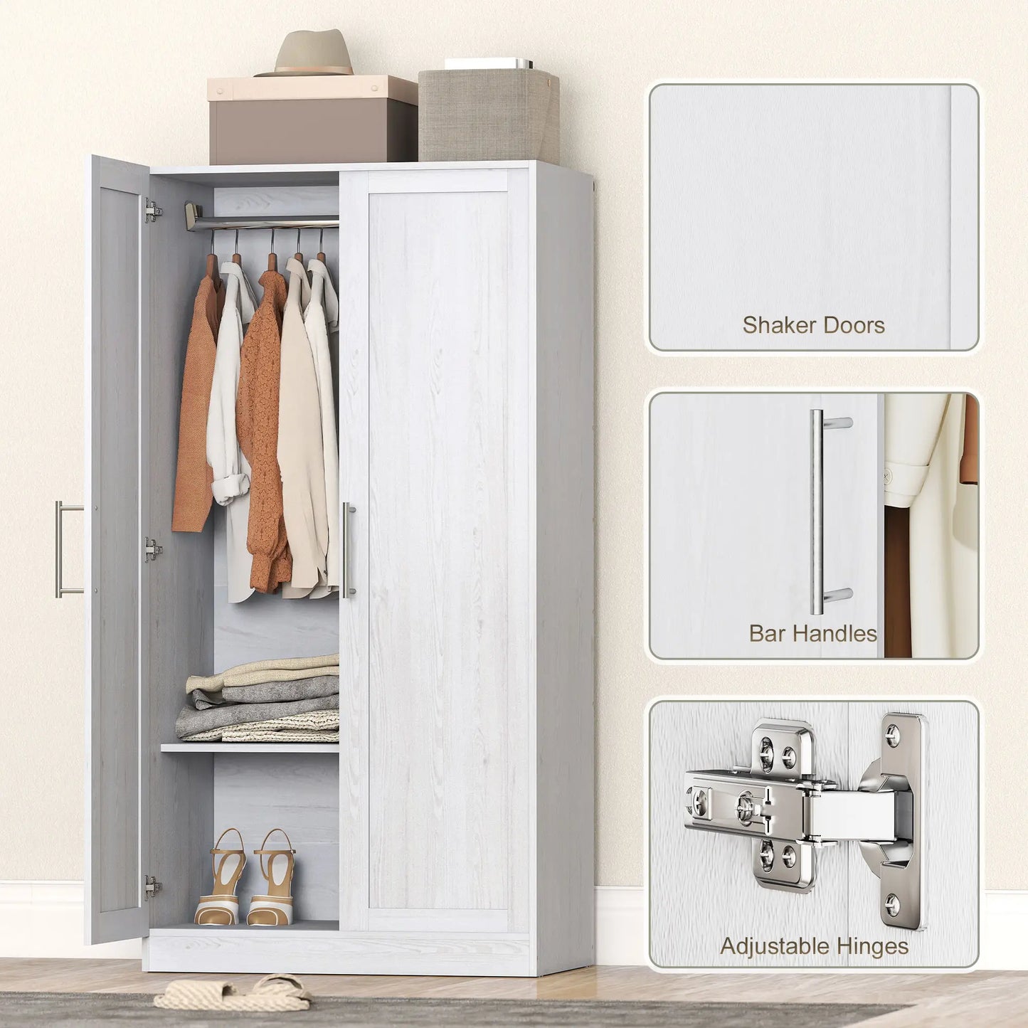 White Wood Effect Wardrobe Cabinet, 2 Doors With Hanging Rod, White Clothing Storage at Gallery Canada