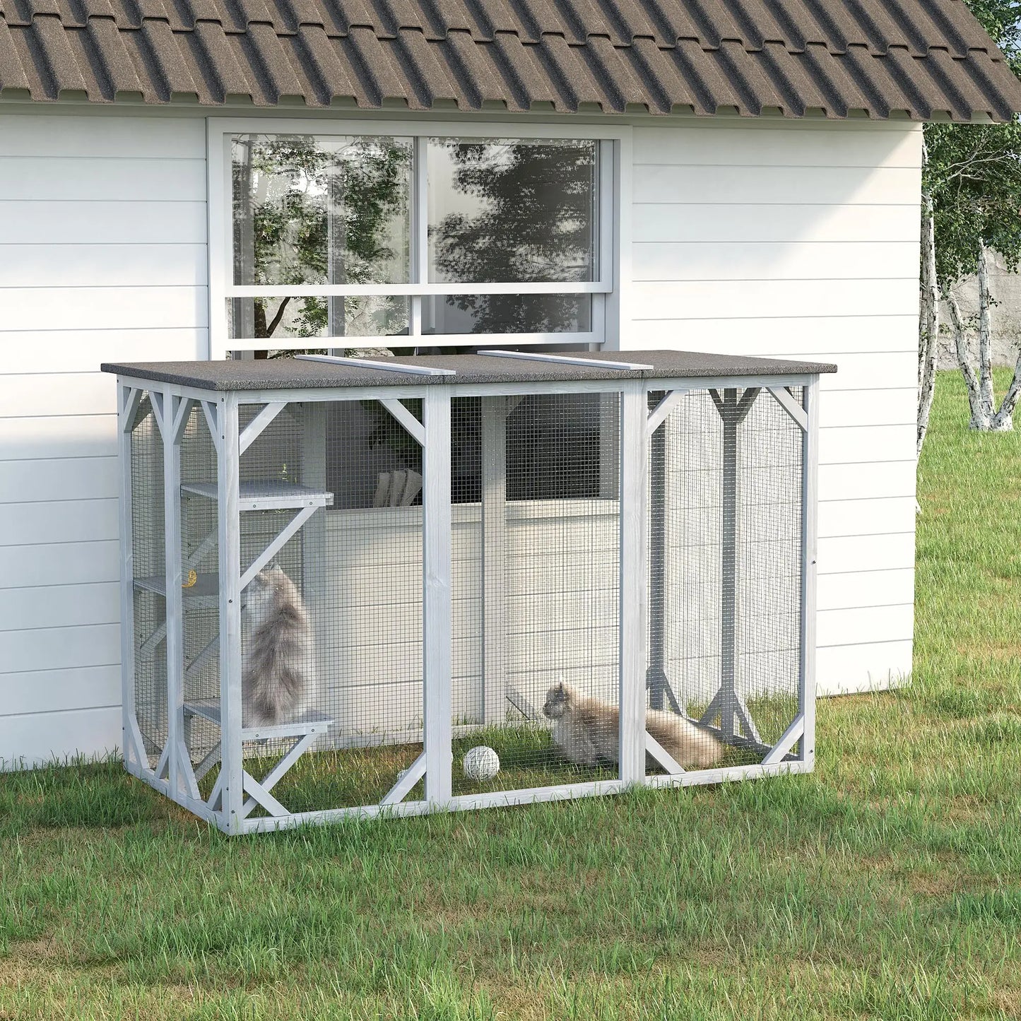 44.1" H Cat Cage, Indoor Outdoor Wooden Pet House, Small Animal Hutch, Grey Outdoor Cat Enclosures at Gallery Canada