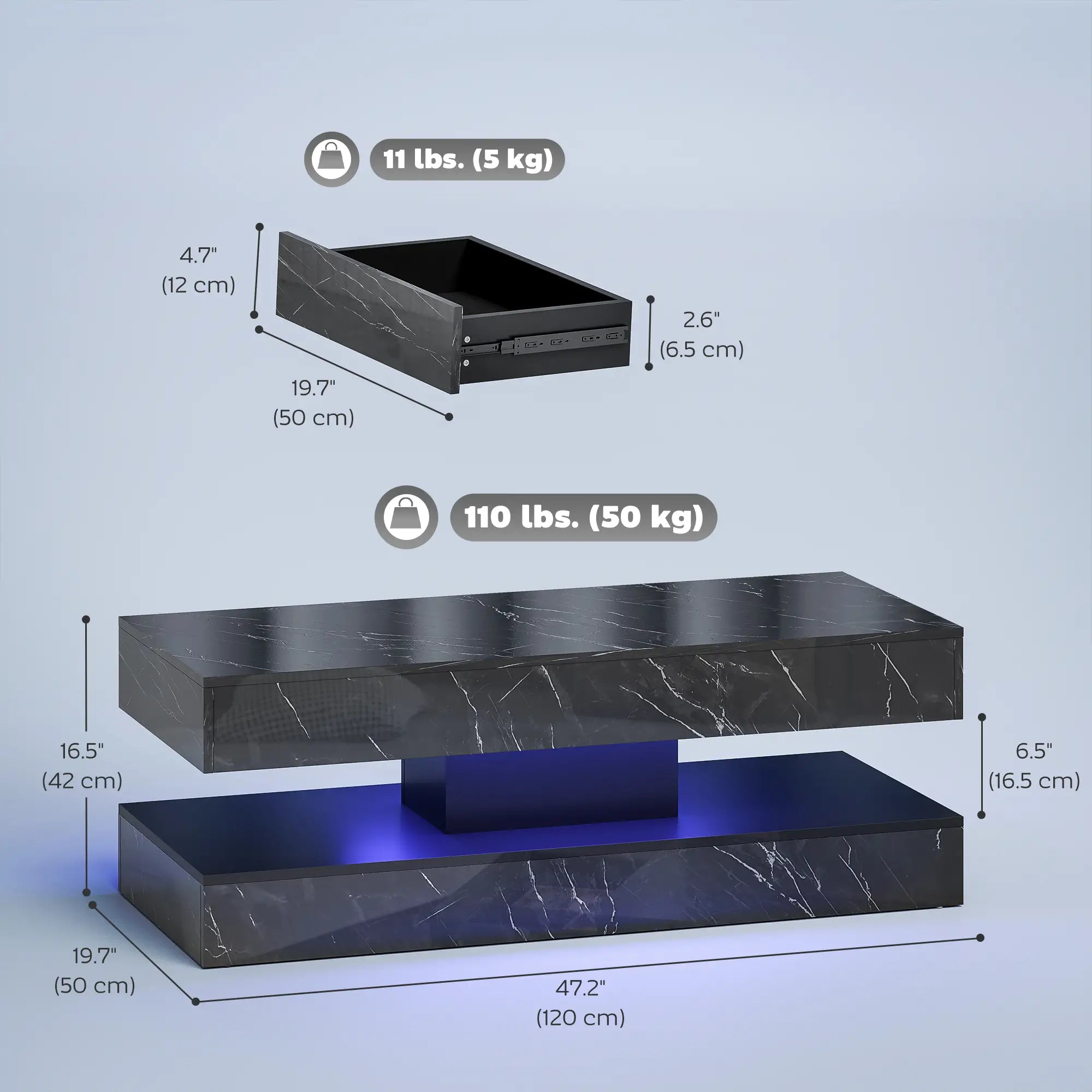 Adjustable LED Coffee Table, 2 Drawers, Open Shelf, Remote, High Gloss Black Coffee Tables at Gallery Canada