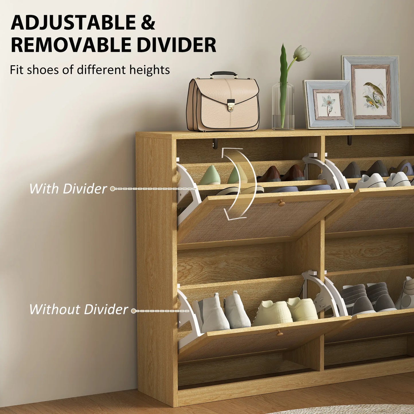 Narrow Shoe Storage Cabinet, 4 Flip Drawers, Adjustable Shelves, 20 Pairs, Oak Shoe Storage Cabinets & Racks at Gallery Canada