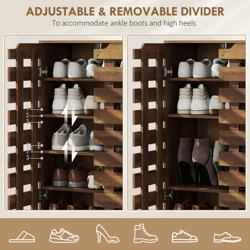 Shoe Cabinet, 21 Pair Storage, Hollowed-Out Doors, Distressed Brown