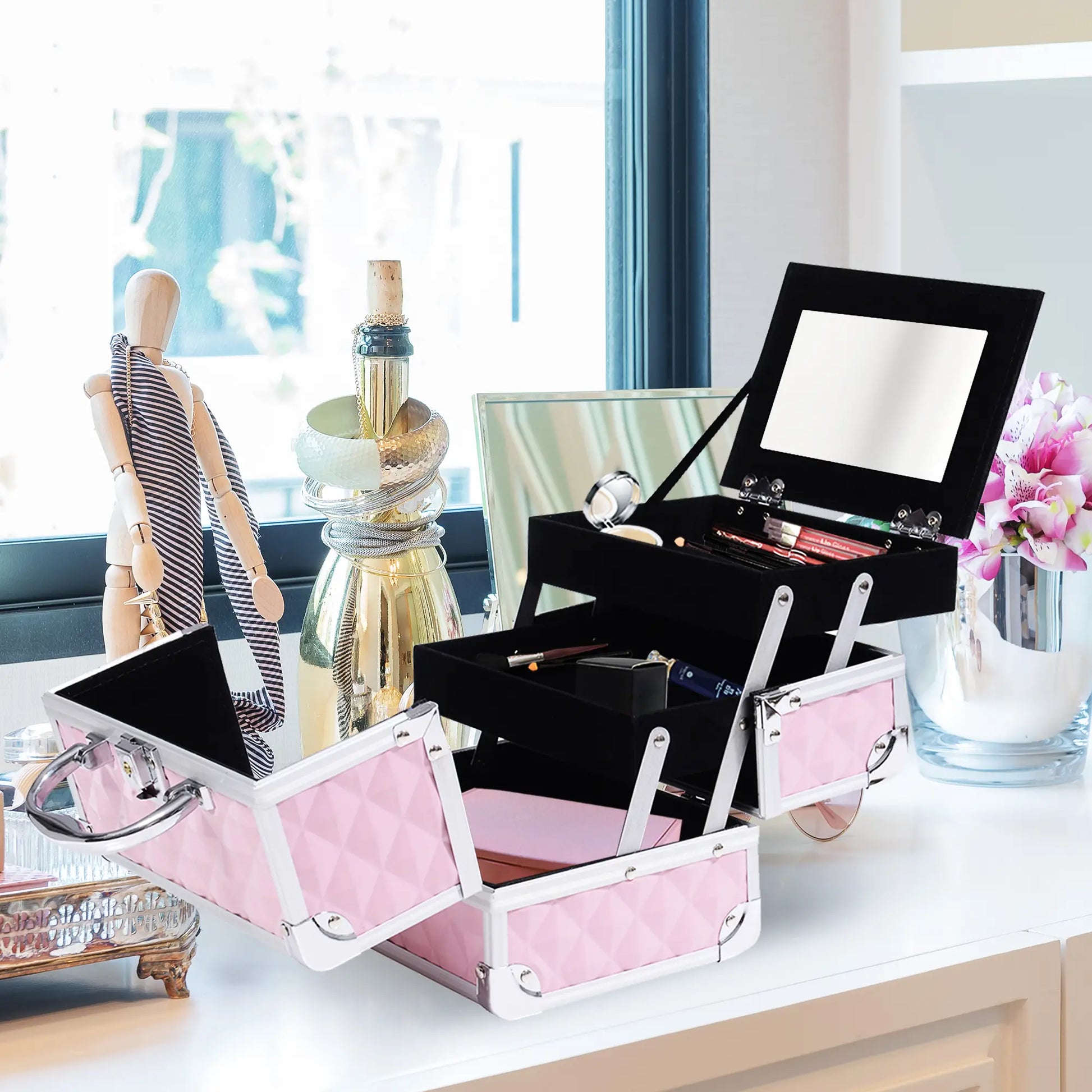 3 Tier Diamond Texture Makeup Case, Cosmetic Organizer with Mirror, Pink Makeup Cases at Gallery Canada
