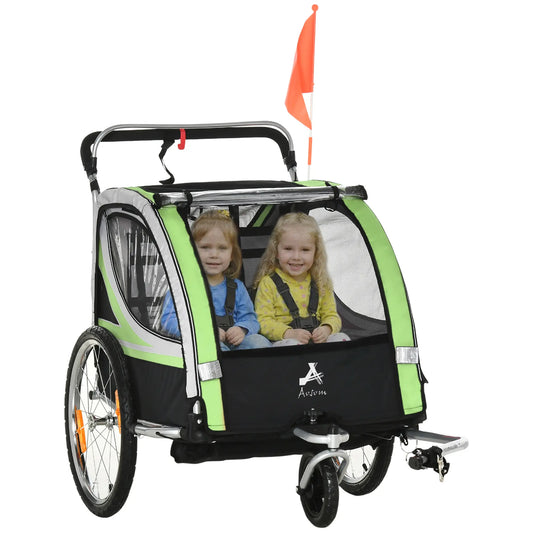 2 Seat Bike Trailer, Double Jogging Stroller, Handbrake, Rubber Wheels, Green Kids Bike Trailers Green, Grey, Black, Silver at Gallery Canada