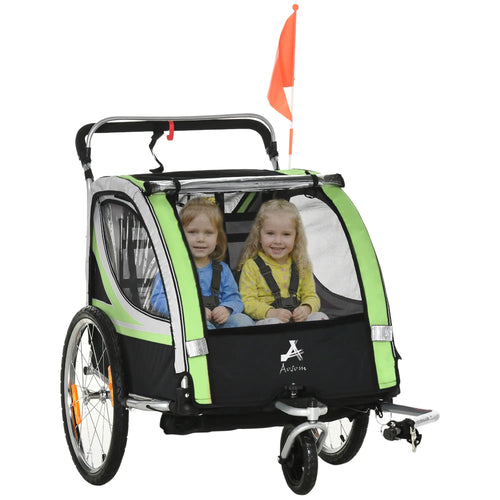 2 Seat Bike Trailer, Double Jogging Stroller, Handbrake, Rubber Wheels, Green