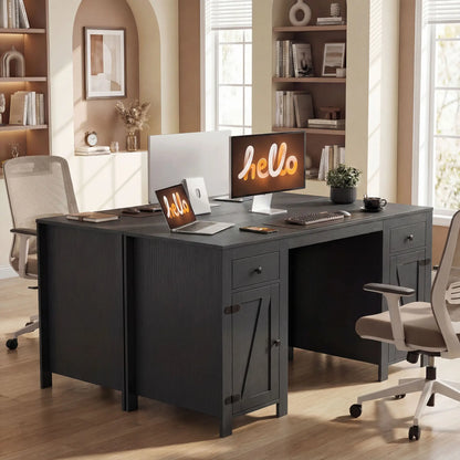 53" Farmhouse Executive Desk, Computer Desk With Drawers, Black Wood Grain, Black Writing Desks at Gallery Canada