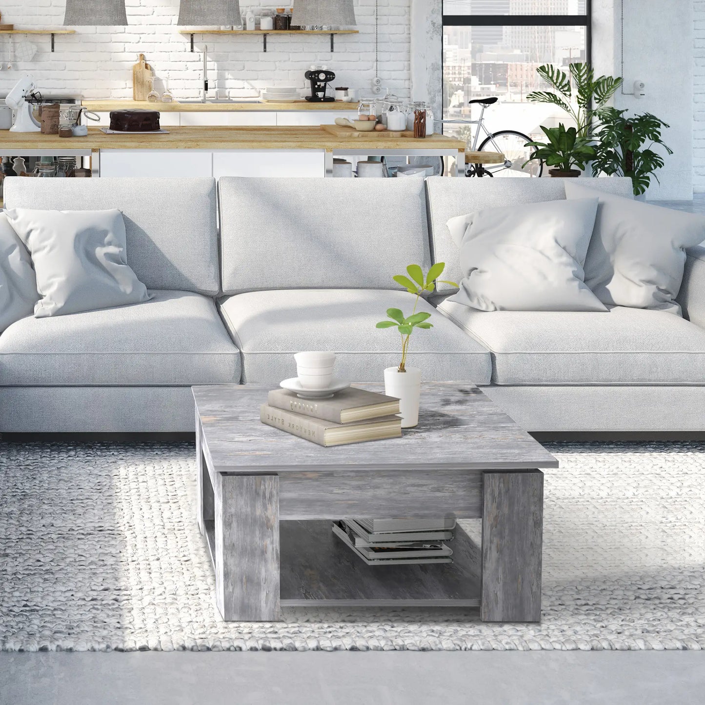 Modern Coffee Table with Storage, Square, Living Room, Grey