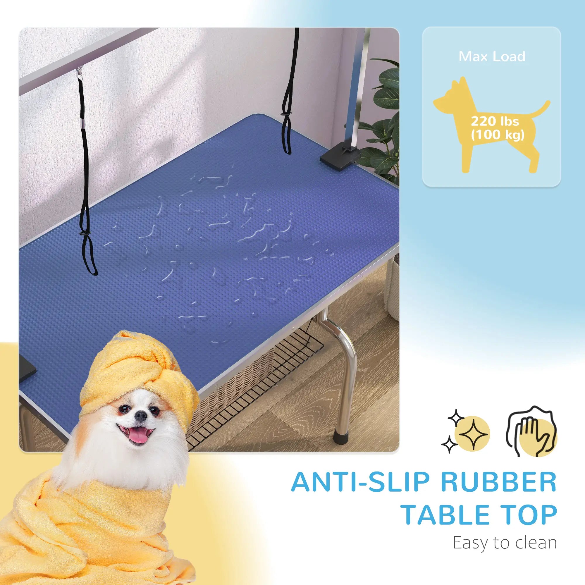Adjustable Dog Grooming Table, 2 Safety Slings, Storage Basket, Blue Dog Grooming Tables at Gallery Canada