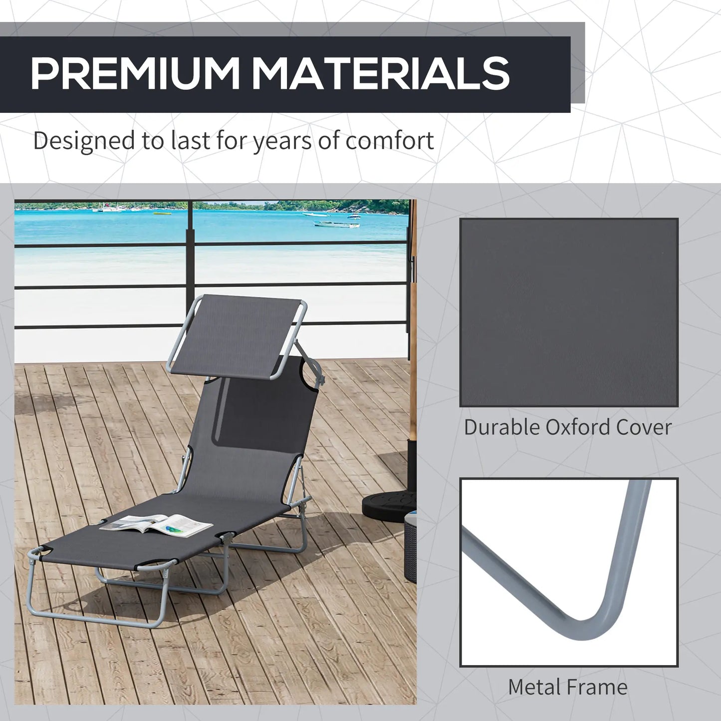 Outdoor Lounge Chair, Adjustable Folding Chaise, Tanning Chair with Shade, Grey Lounger Chairs at Gallery Canada