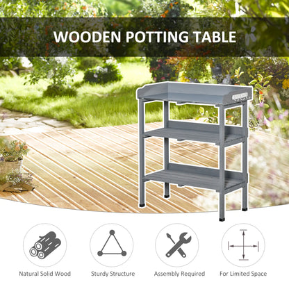 Outdoor Garden Wooden Potting Bench, Work Table w/ Hooks, Grey Potting Benches & Tables at Gallery Canada