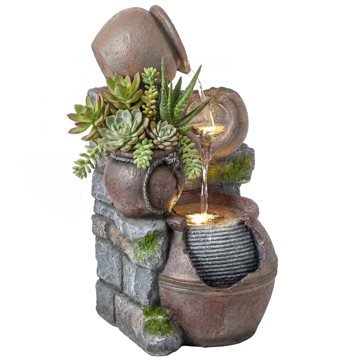 Outdoor Fountain, 4-Tier Rustic Pot, Cascading Rock Waterfall, LED Lights, Adjustable Flow Water Fountains Rustic Brown at Gallery Canada