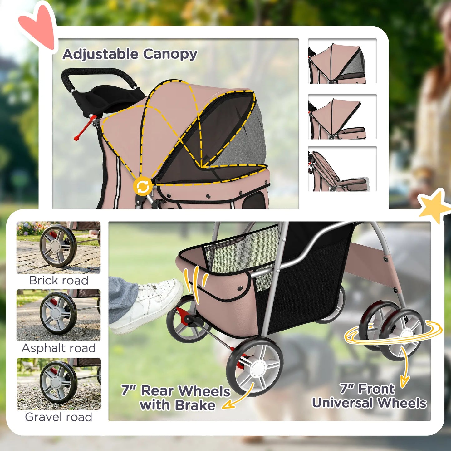 Foldable Pet Stroller, Wheels, Reflective Strips, Brake, Pad, Basket, Coffee Dog Bike Trailers & Strollers at Gallery Canada