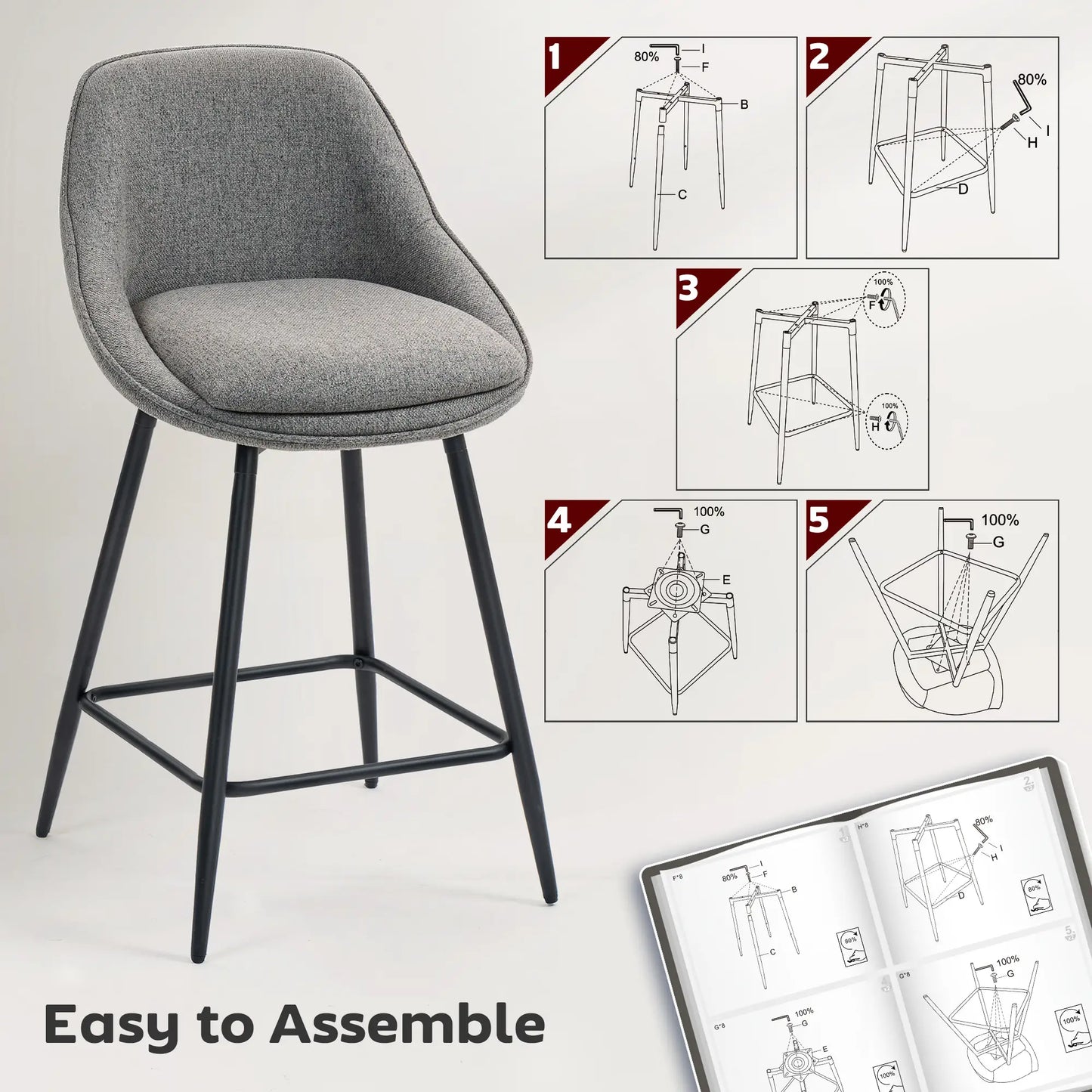 26" Counter Height Barstools Set of 2, Upholstered Swivel Bar Stools with Backrests and Armrests, Dark Grey Bar Stools at Gallery Canada